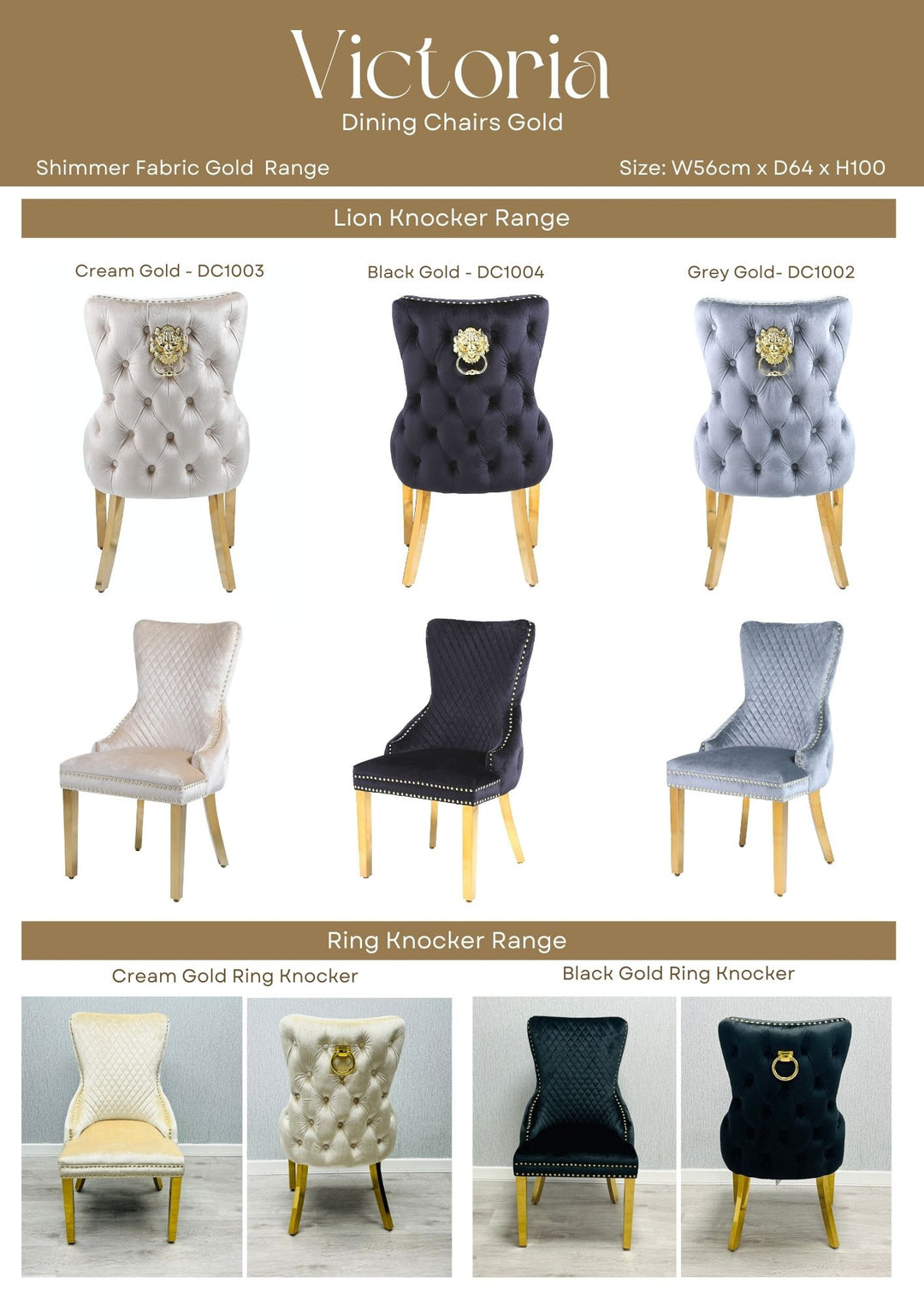 Louis Cream Gold Marble Dining Table + Victoria Black And Gold Dining Chairs Lion Knocker