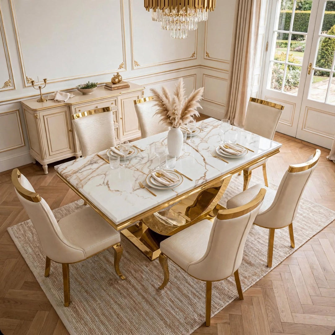 London Gold Dining Table with 6 Chairs Roxby Cream & Gold Velvet Luxury Dining Set