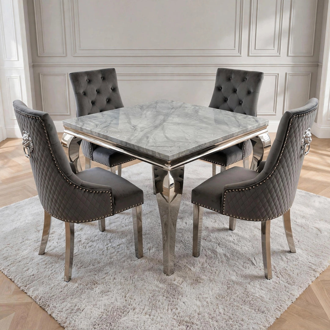 Louise 100cm Square Marble Dining Table with Dark Grey Velvet Chairs – 4 Seater