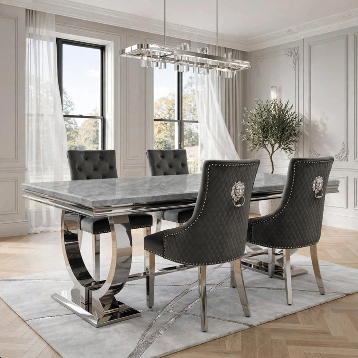 Arianna Light Grey Marble Dining Table with Dark Grey Lion Knocker Chairs