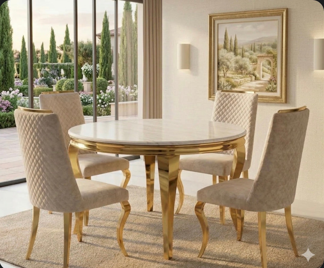 Luxury Cream & Gold Round Dining Table Set 110cm with Ruby Cream & Gold Velvet Dining Chairs – Modern Glam Dining Furniture UK