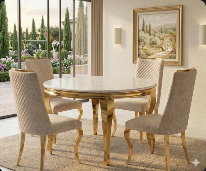 Luxury Cream & Gold Round Dining Table Set 110cm with Ruby Cream & Gold Velvet Dining Chairs – Modern Glam Dining Furniture UK