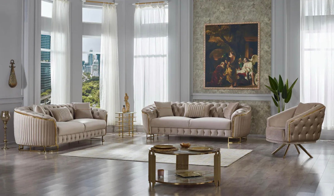 Victoria 3+2 Seater Beige Sofa Set|Gold Trim & Gold Legs