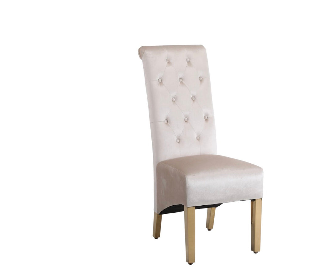 Arianna White & Gold Marble Dining Table with Cream And Gold Lucy Velvet Dining Chairs