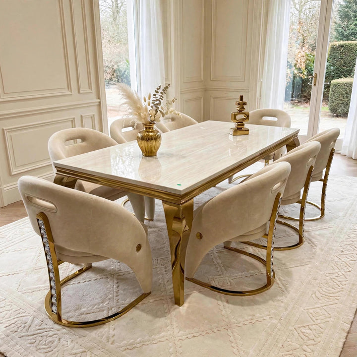 Louise Cream & Gold Marble Dining Table with Rome Cream & Gold Crystal Velvet Dining Chairs