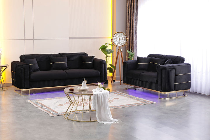 Victoria Luxury 3 & 2 Seater Sofas – Cream & Gold | Black & Gold Sofas with Storage | With or Without LED Light