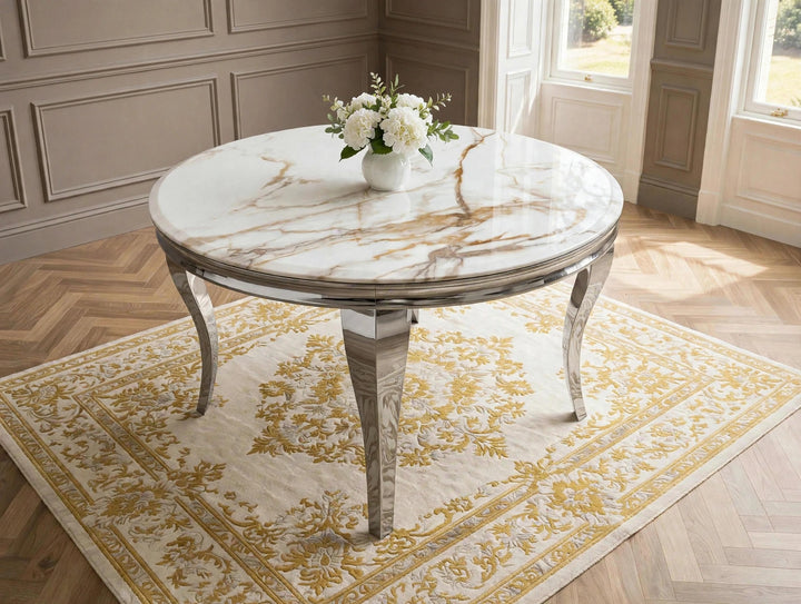Louise 110cm Round White & Gold  Marble Dining Table