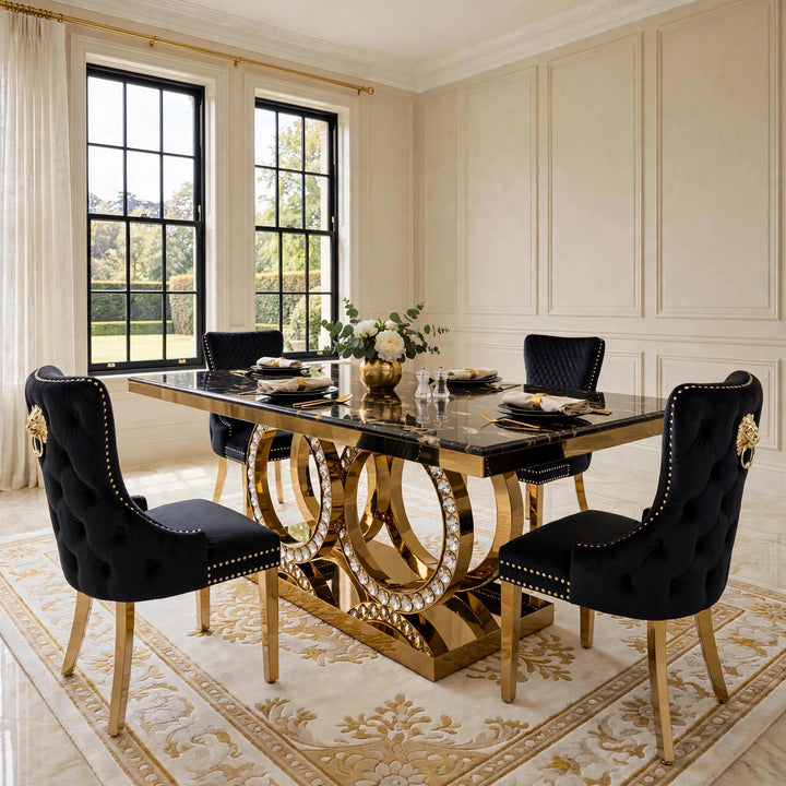 180cm Crystal White & Gold Marble Dining Table with Victoria Cream Velvet Gold Chairs