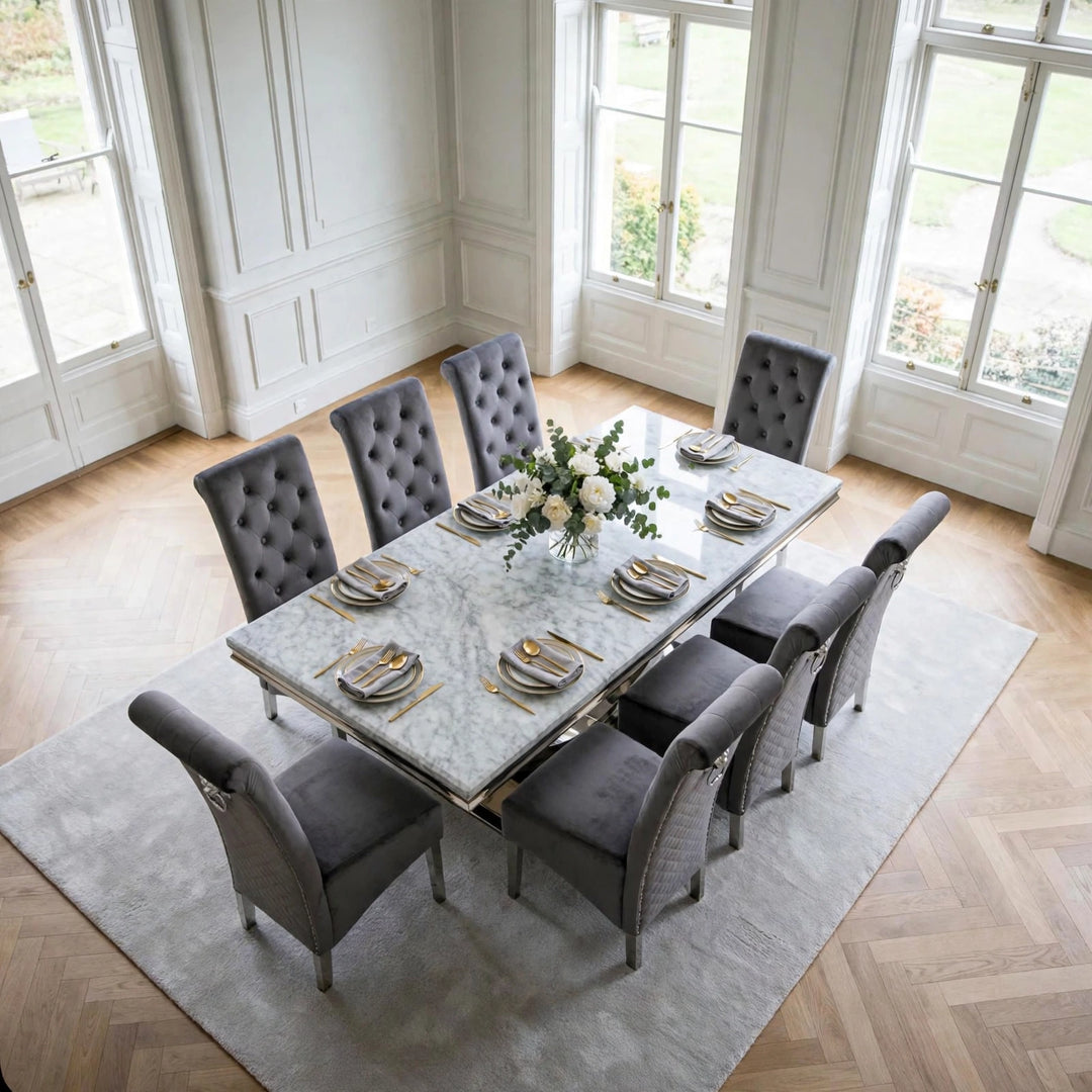 London Light Grey Marble Dining Table with Sofia Dark Grey Lion Knocker Velvet Chairs