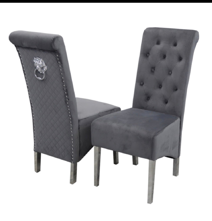 Louise 130cm Round Light Grey Marble Dining Table with Dark Grey Velvet Chairs – 4 Seater