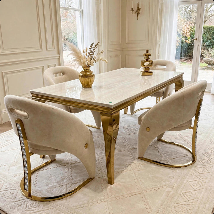 Louise Cream & Gold Marble Dining Table with Rome Cream & Gold Crystal Velvet Dining Chairs