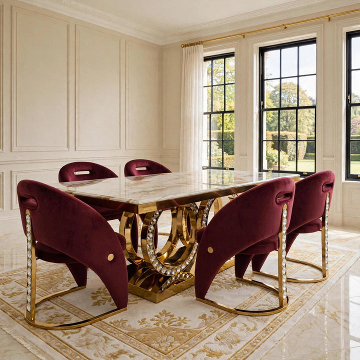 1.6M & 1.8M | Crystal Gold Dining Table with Rome Maroon & Gold Dining Chairs - Luxury Marble Dining Set