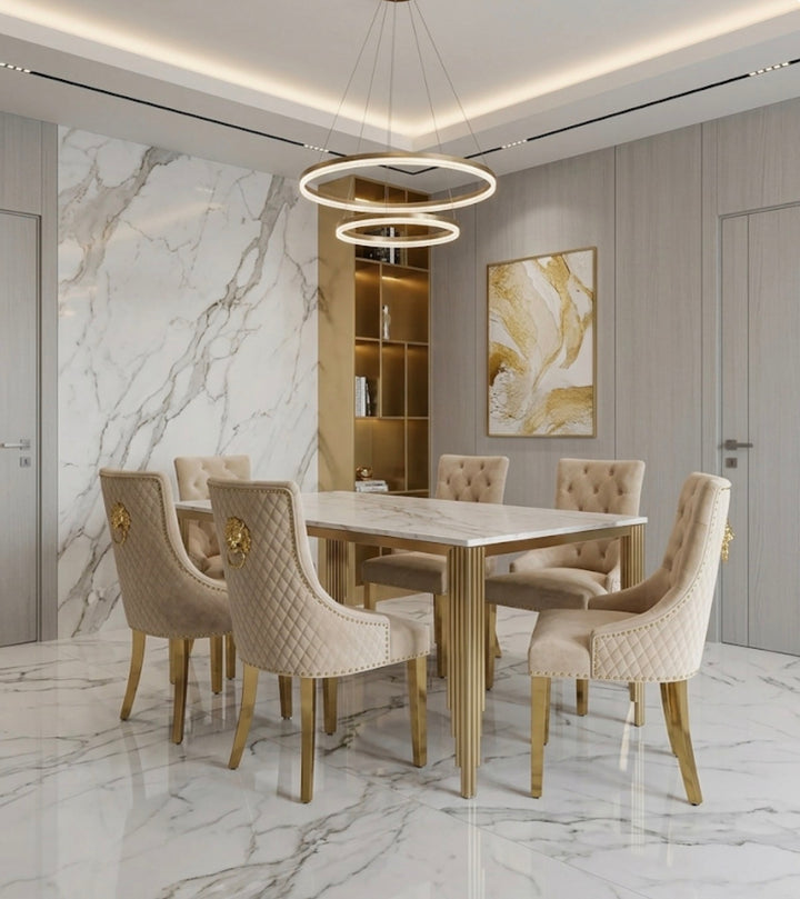 1.8M Mayfair Gold Dining Table with Majestic Gold Lion Knocker Dining Chairs | Luxury UK Dining Set