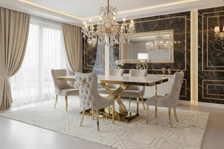 Rose Gold Marble Dining Table Cream + Victoria Cream And Gold Dining Chairs