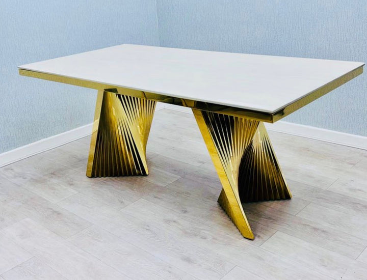 Rocco Marble Cream & Gold Dining Table Set with Rose Black & Gold Dining Chairs – Luxury Marble Dining Set (160cm & 180cm )