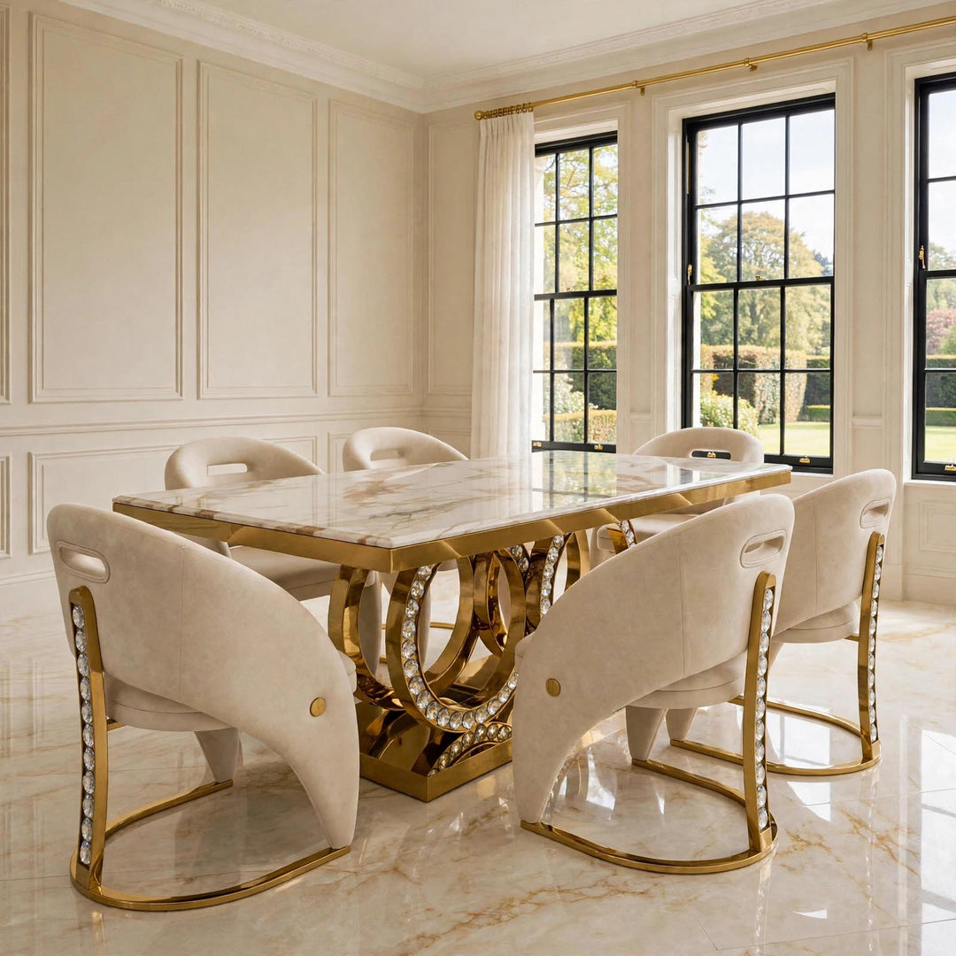 1.6M & 1.8M | Crystal Gold Dining Table with Rome Maroon & Gold Dining Chairs - Luxury Marble Dining Set