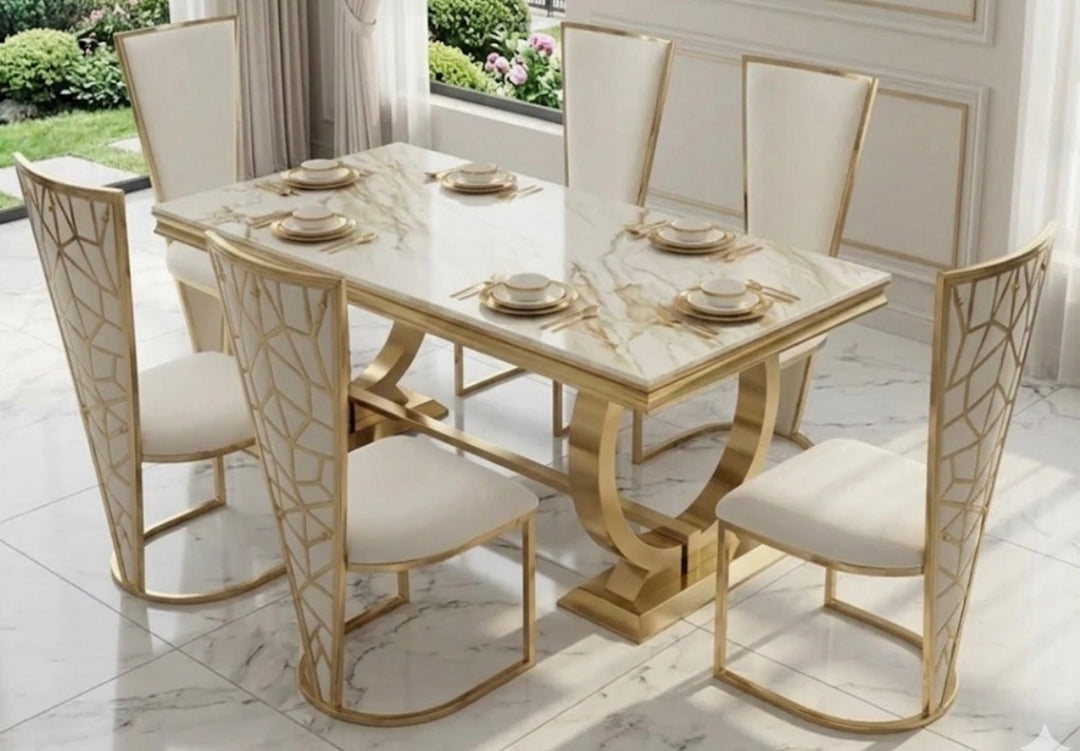 Arianna White & Gold Dining Table Set with Rose Cream Velvet Gold Chairs – 1.6m 1.8m 2m | Luxury Marble Dining Furniture UK