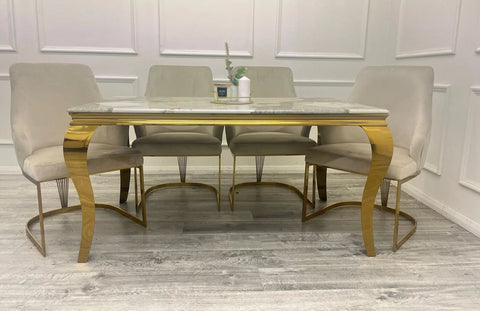 Louise Gold Marble Dining Table + Chelmsford Cream And Gold Dining Chairs