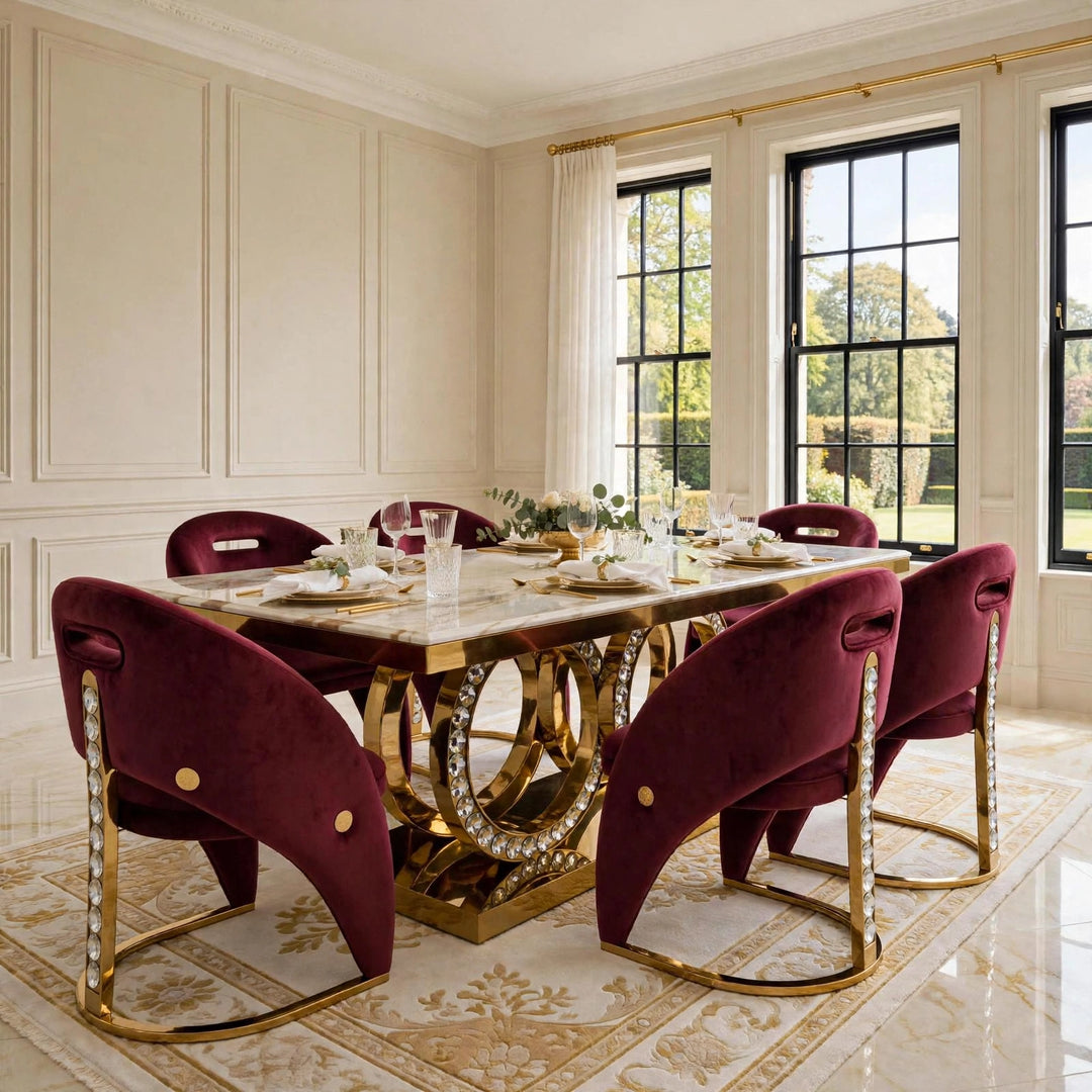 1.6M & 1.8M | Crystal Gold Dining Table with Rome Maroon & Gold Dining Chairs - Luxury Marble Dining Set