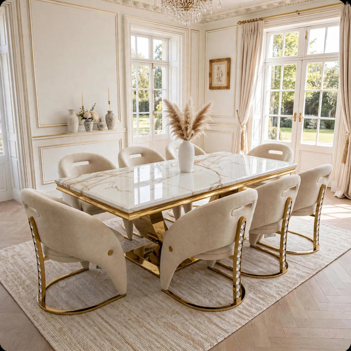 London White & Gold Marble Dining Table with 4, 6 or 8 Cream & Gold Crystal Velvet Chairs