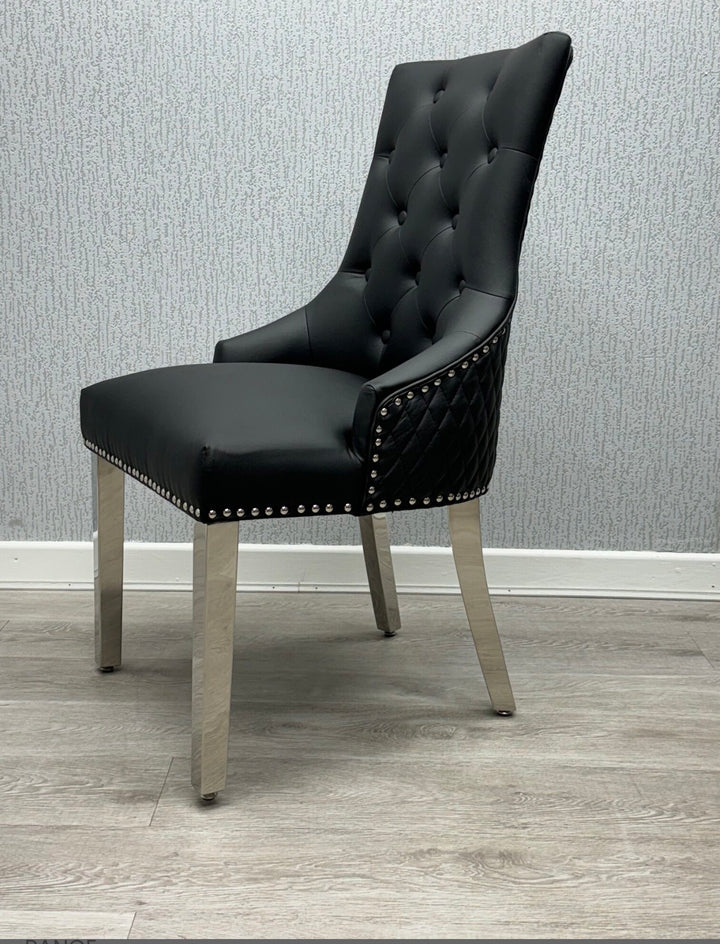 Ariel Grey Marble Dining Table with Black PU Leather Dining Chairs – Modern Luxury Dining Set