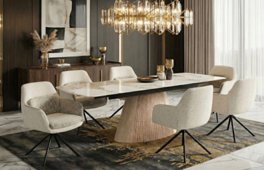 Marino Pandora Beige Extendable Dining Table 160-240cm with Florence 360° Beige Swivel Chairs | UK Home Furniture