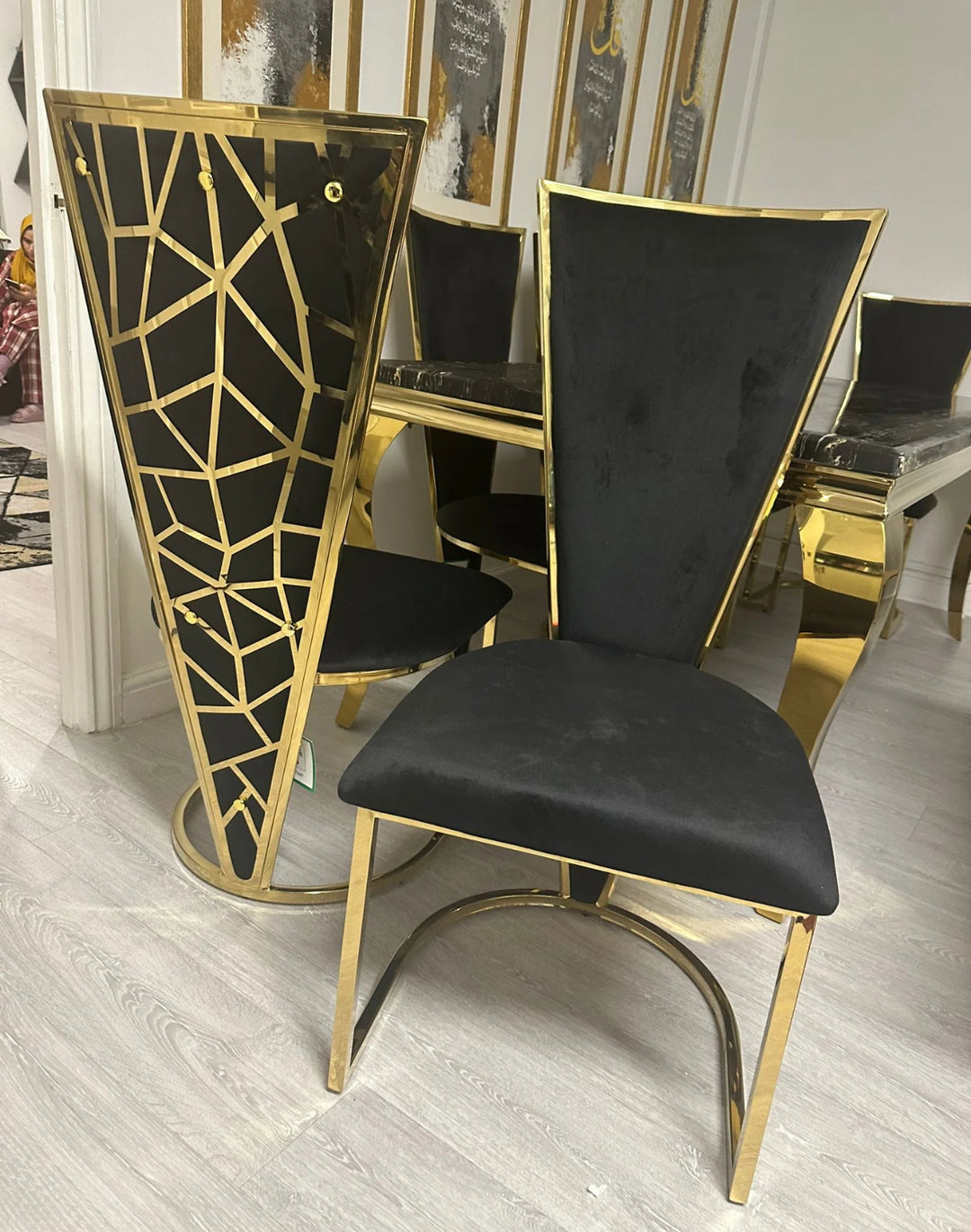Louis Black And Gold Dining Table + Rose Black And Gold Dining Chairs