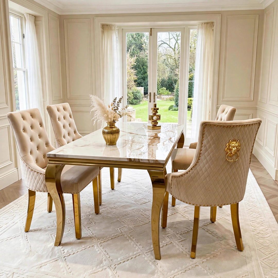 Louise White And Gold Marble Dining Table with Mink & Gold Lion Knocker Velvet Chairs – 4, 6 & 8 Seater