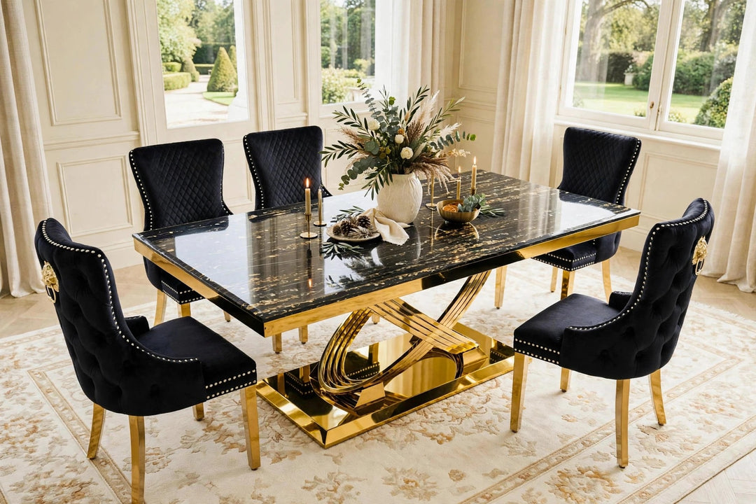 Rose White & Gold Marble Dining Table with Victoria Cream Gold Velvet Dining Chairs | 160cm or 180cm