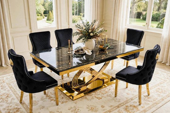 Rose White & Gold Marble Dining Table with Victoria Cream Gold Velvet Dining Chairs | 160cm or 180cm