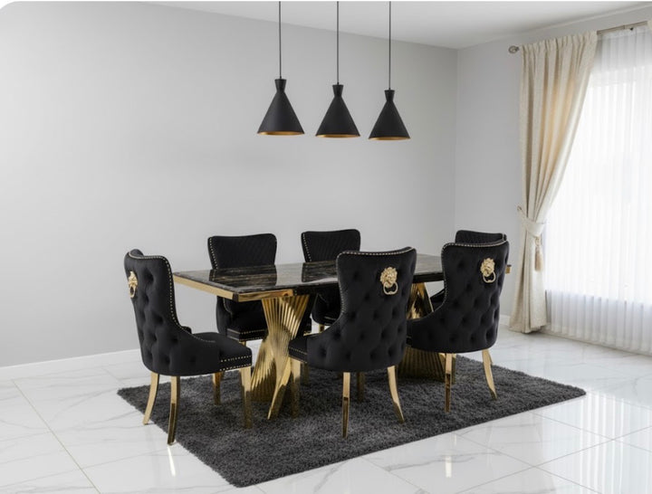 Rocco 180cm Cream Gold Dining Table With Victoria Cream Gold Lion knocker Dining Chairs