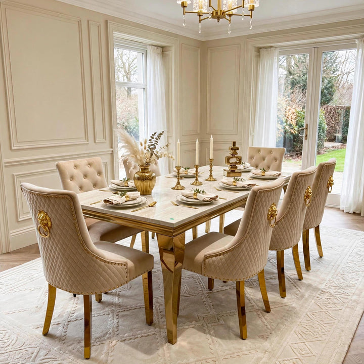 Louise Gold Cream Marble Dining Table with Mink & Gold Lion Knocker Velvet Chairs – 4, 6 & 8 Seater