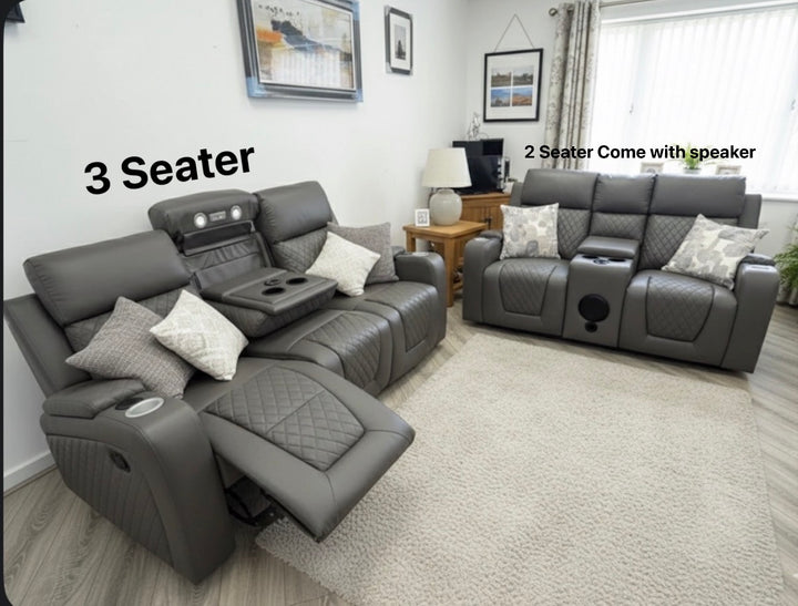 Florence 2 Seater Grey Leather Electric Recliner Sofa with Cup Holders, LED Lights & Wireless Charger, Speaker , USB Port