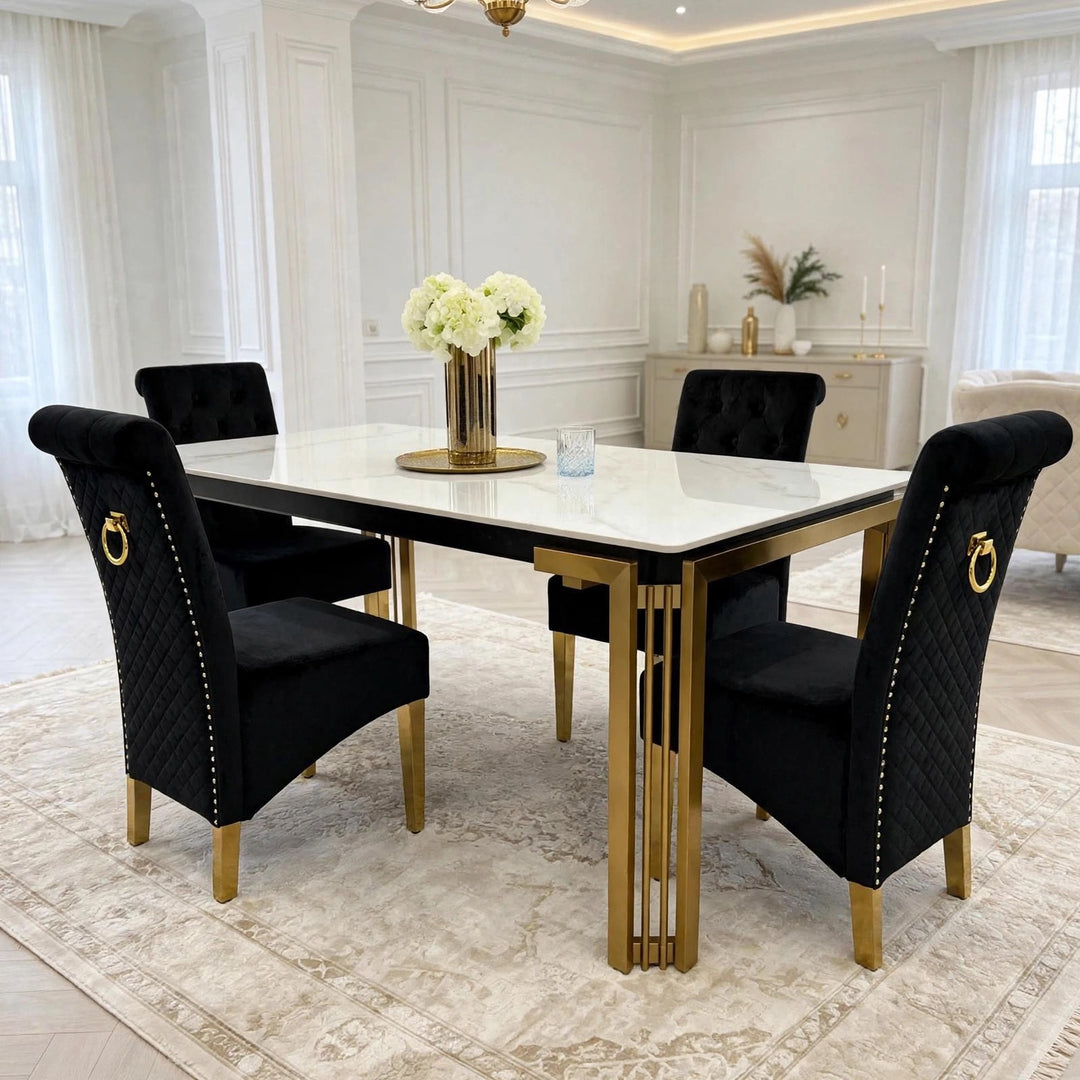 Sorrento White & Gold Marble Dining Table with Sofia Black & Gold Velvet Dining Chairs