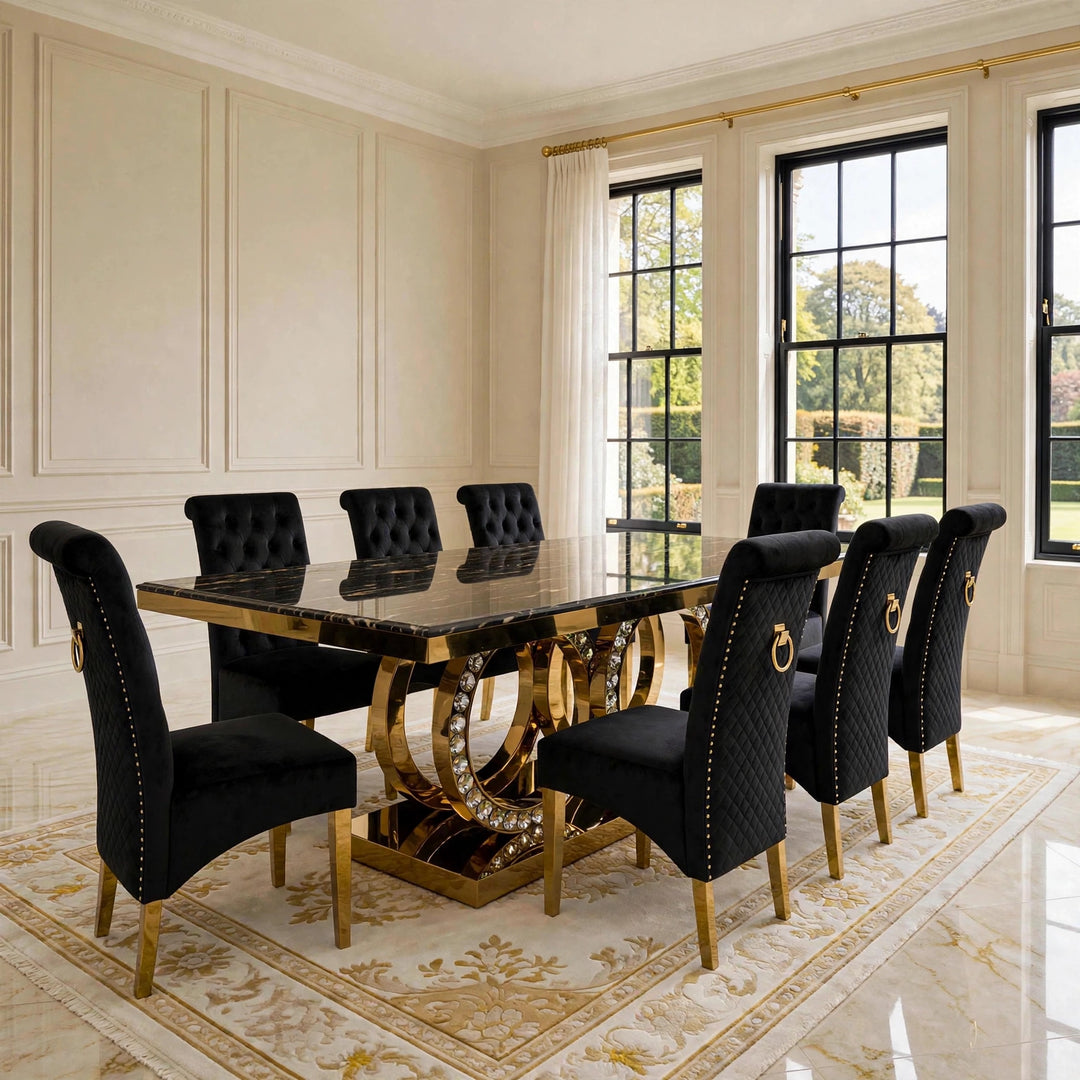 160cm Crystal Black & Gold Dining Table with Sofia Black & Gold Velvet Chairs
