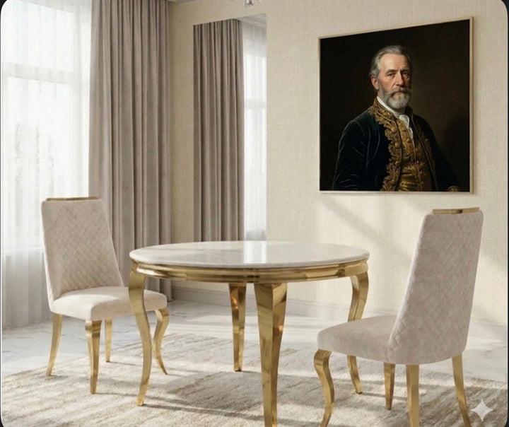 Luxury Cream & Gold Round Dining Table Set 110cm with Ruby Cream & Gold Velvet Dining Chairs – Modern Glam Dining Furniture UK