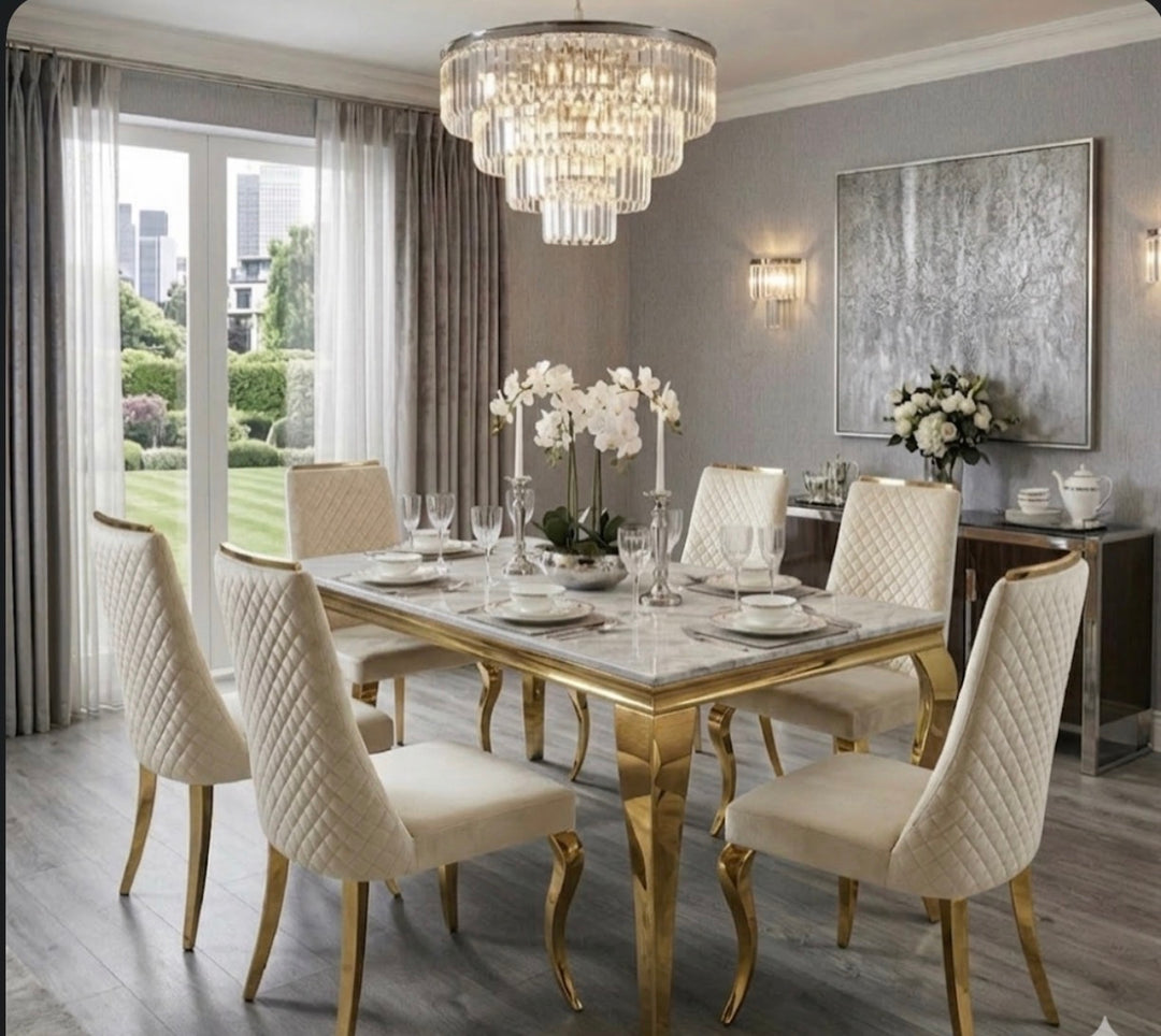 150cm Table white & Gold and 6 Ruby cream and gold chair