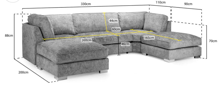 A gray u-shaped corner sofa with truffle-colored upholstery, featuring a solid wooden frame and moveable footstools.