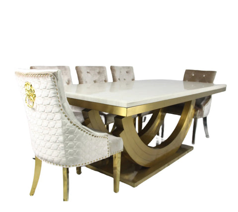 2M Monaco Gold Dining Table + Majestic Mink Gold Dining Chairs