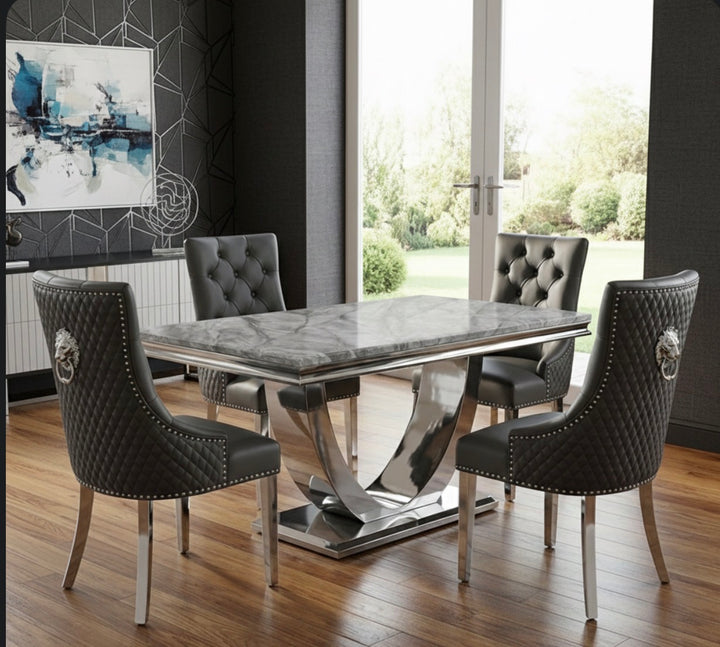Ariel Grey Marble Dining Table with Dark Grey PU Leather Dining Chairs – Modern Luxury Dining Set