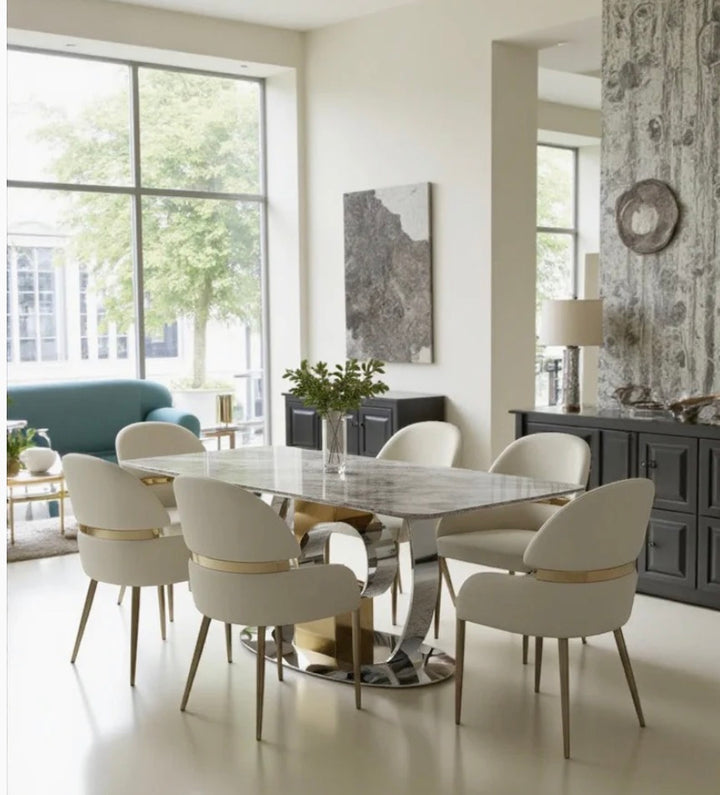 Madrid 180cm Gold Dining Table with Gold Leather Dining Chairs | Luxury Dining Set