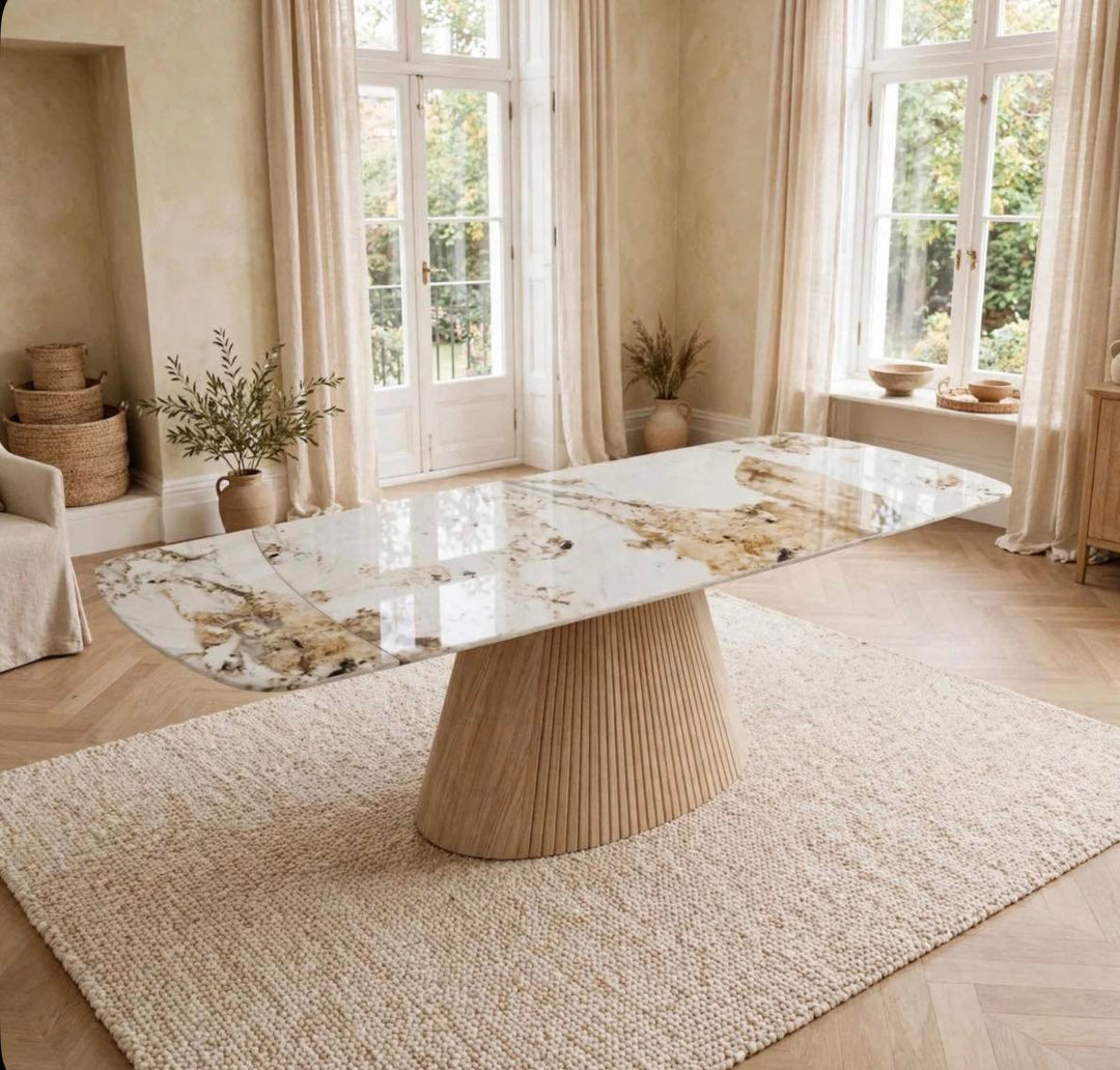 Marino Pandora Beige Extendable Dining Table 160-240cm with Tuscany Beige Velvet 360° Swivel Chairs