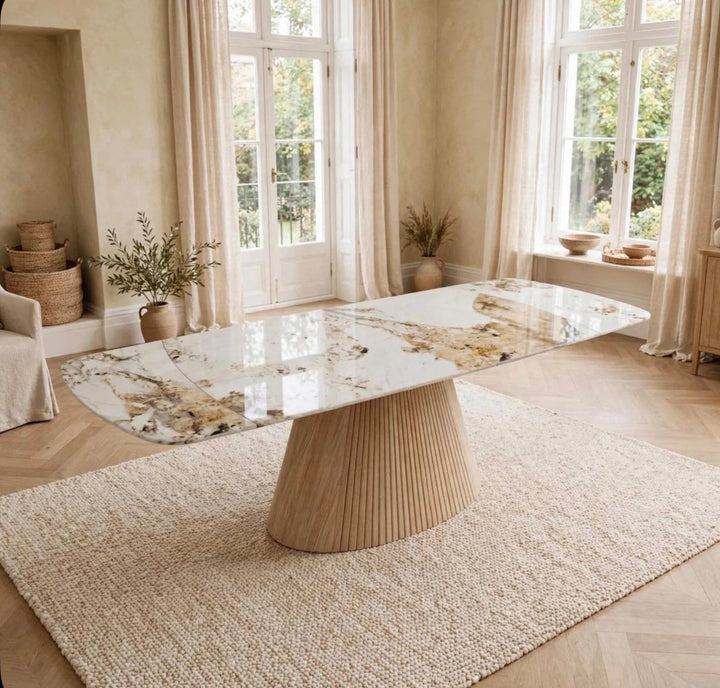 Marino Pandora Beige Extendable Dining Table 160-240cm with Tuscany Beige Velvet 360° Swivel Chairs