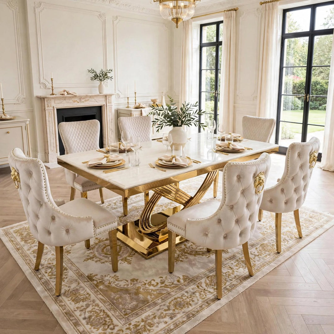 Rose Black & Gold Marble Dining Table with Victoria Black And Gold Velvet Dining Chairs | 160cm or 180cm