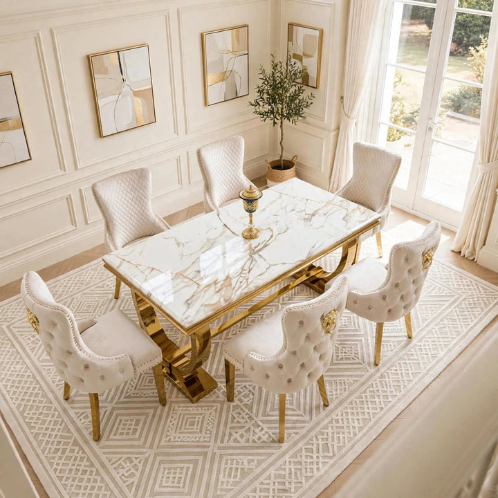 Arianna Black & Gold Marble Dining Table with Victoria Black & Gold Velvet Chairs
