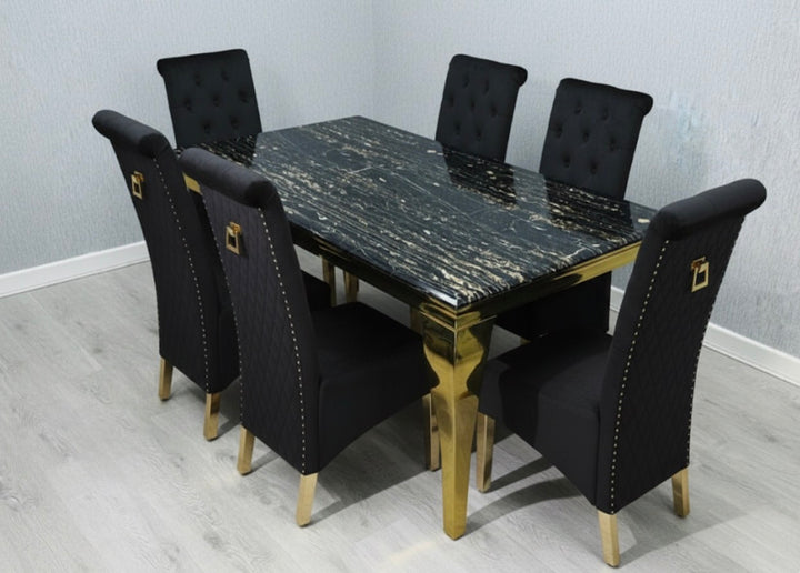 Louise Gold Marble Dining Set With Sofia Black and Gold Ring Knocker Chair