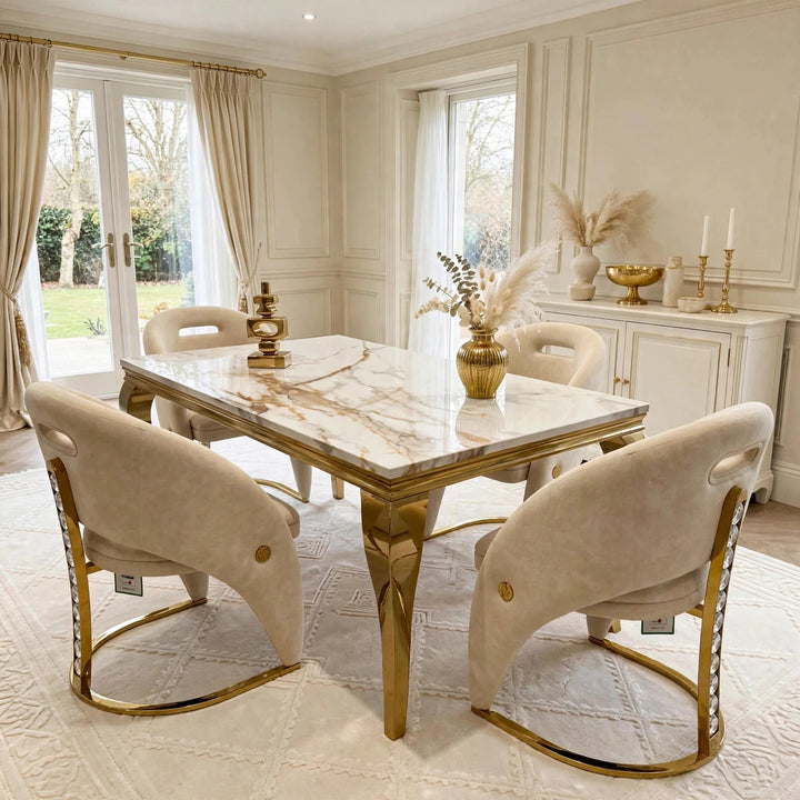 Louise White & Gold Marble Dining Table with Rome Cream & Gold Crystal Velvet Dining Chairs
