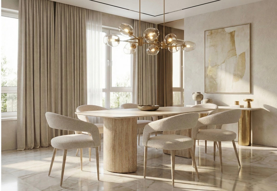 160cm Olympia Beige Ceramic Marble Dining Table with Beige Velvet Chairs – 4 Seater & 6 Seater