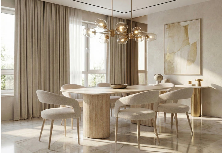 160cm Olympia Beige Ceramic Marble Dining Table with Beige Velvet Chairs – 4 Seater & 6 Seater