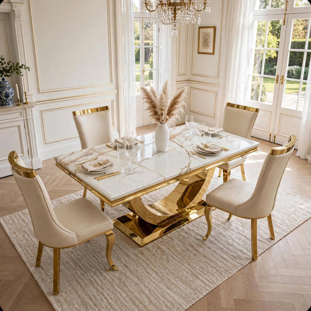 London Gold Dining Table with 6 Chairs Roxby Cream & Gold Velvet Luxury Dining Set